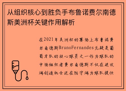 从组织核心到胜负手布鲁诺费尔南德斯美洲杯关键作用解析